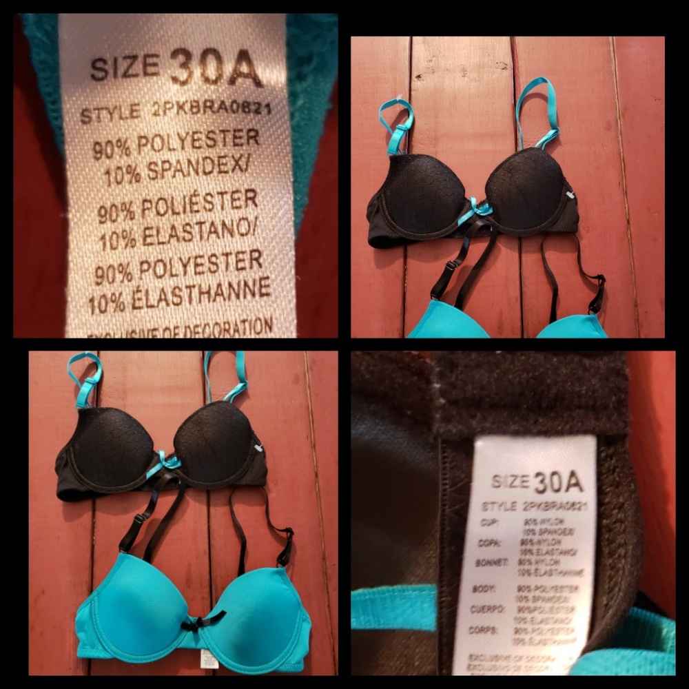 Teal blue & a black bra.